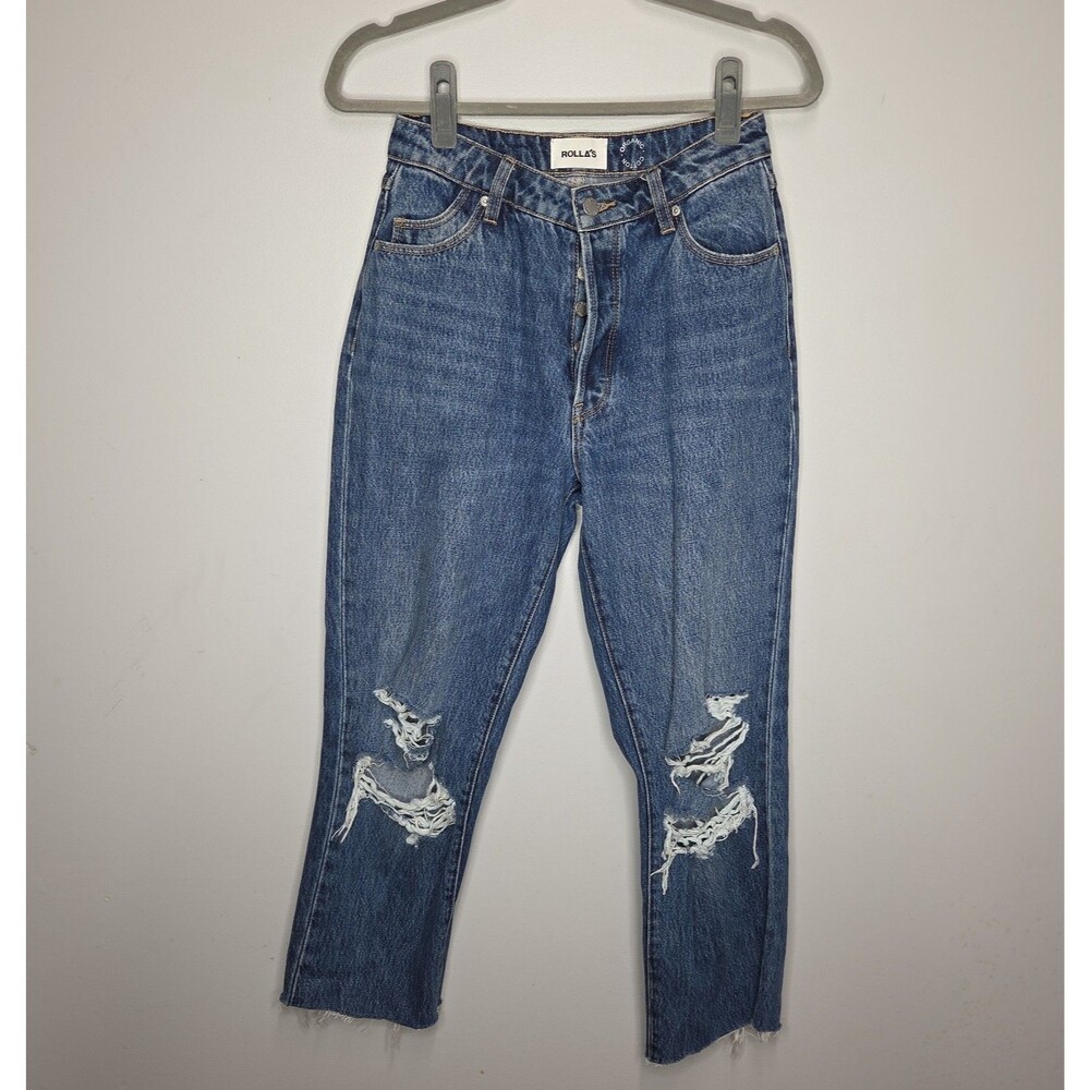 Rollas Classic Straight Jeans High Rise Distressed Ripped Button Fly Size 26